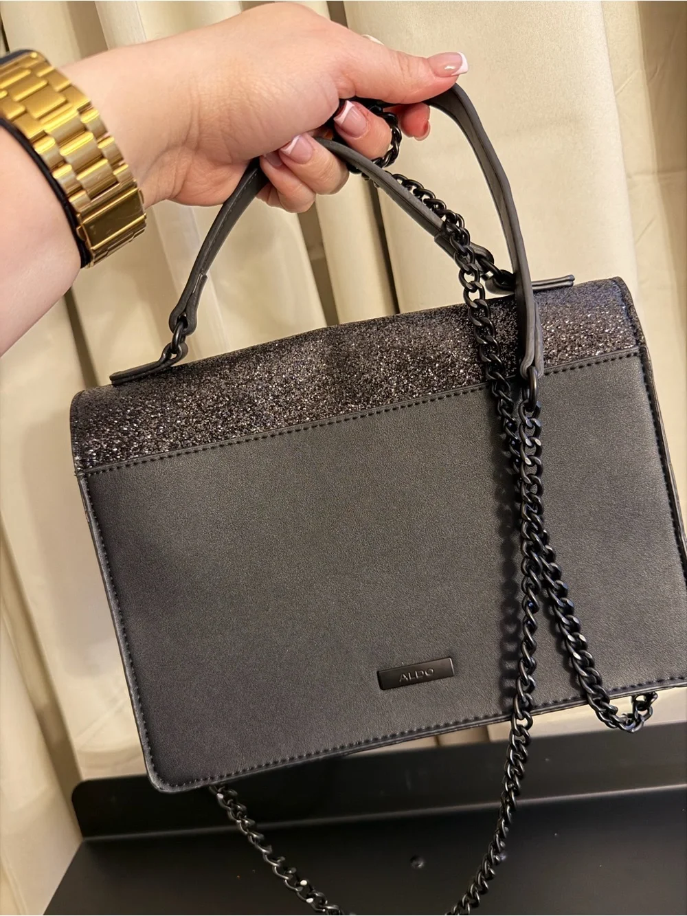 Aldo Black Glitter Top-Handle Satchel with Chain Strap